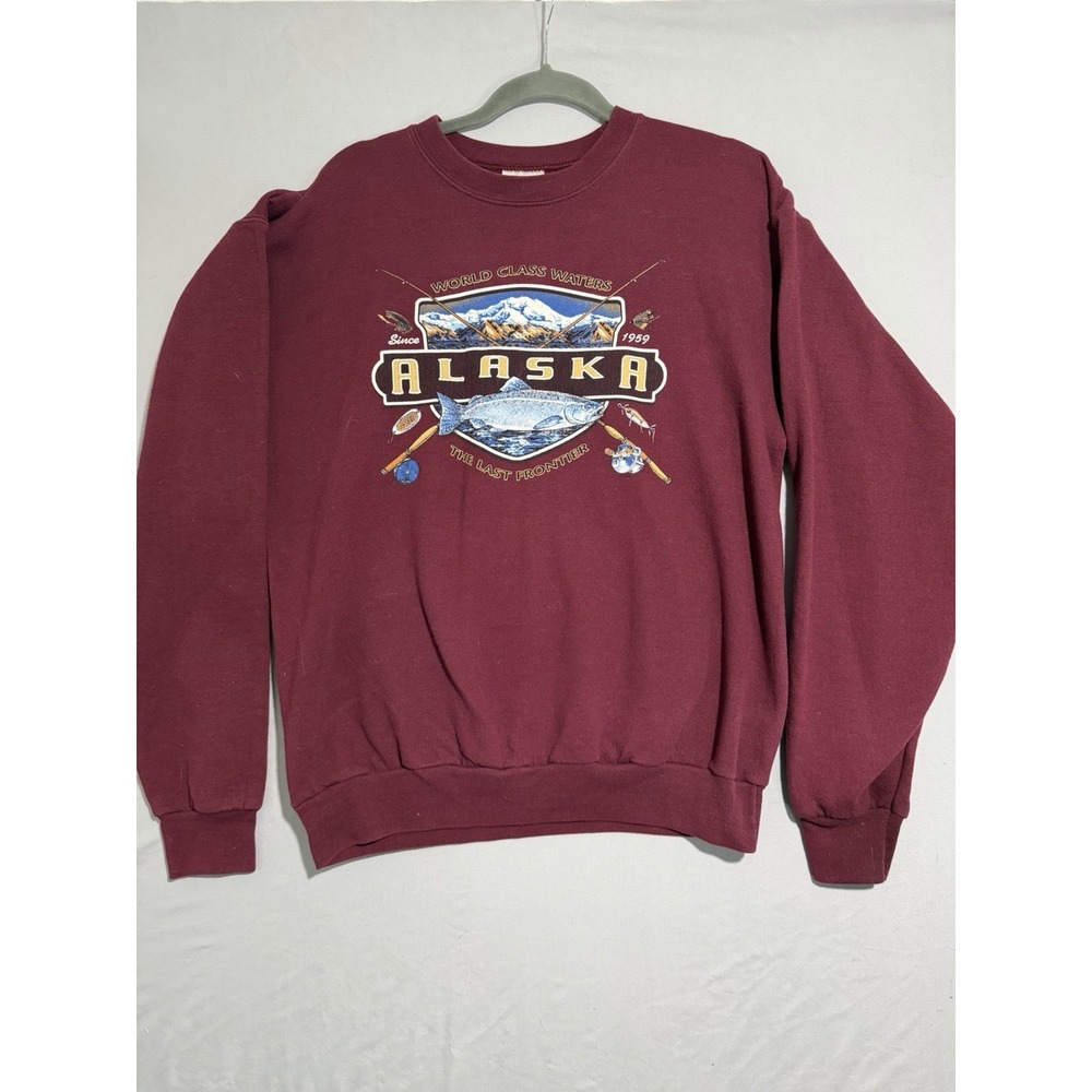 vtg hanes burgandy crew neck ls sweater, alaska fishing theme, men's‎ medium